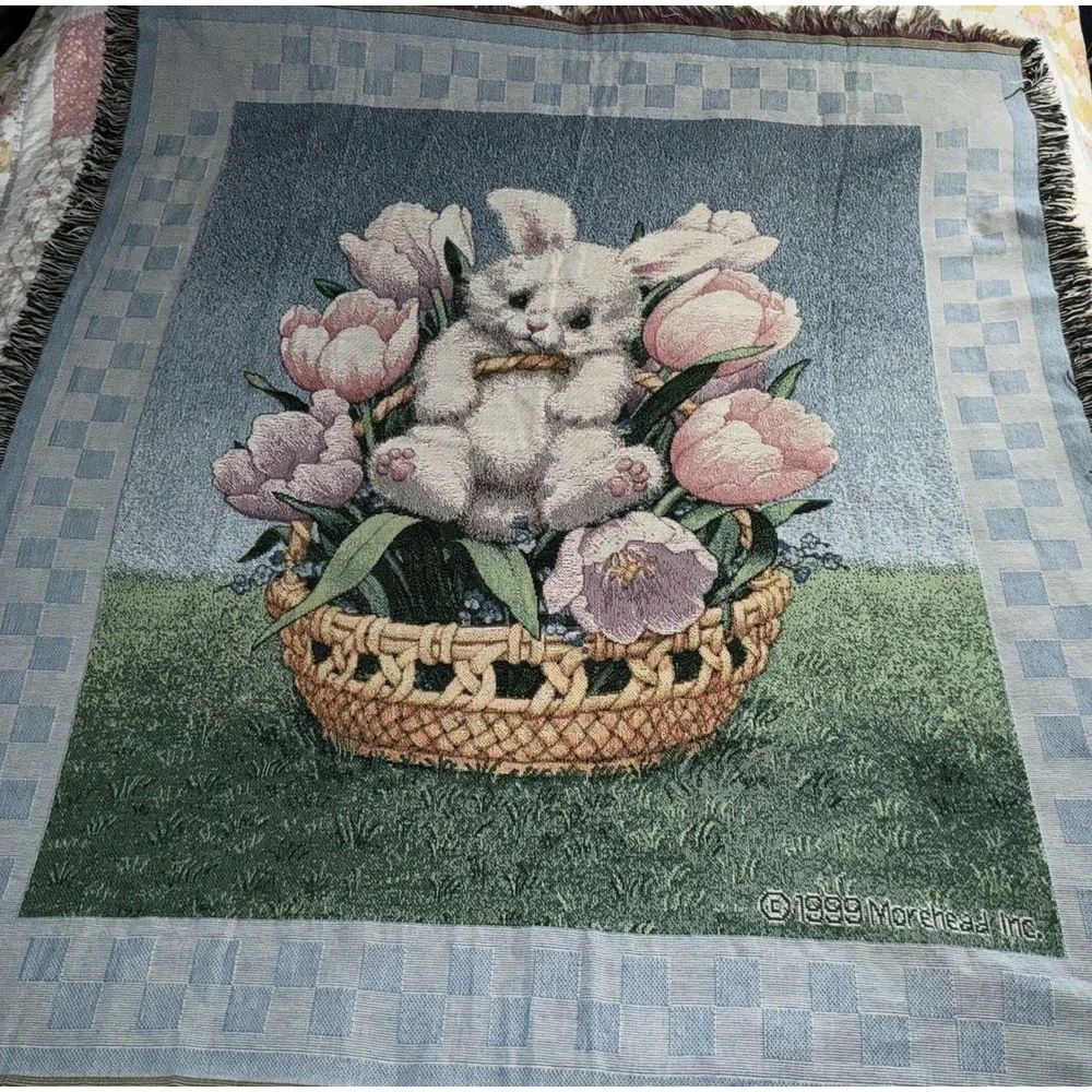 Vintage Woven Bunny Rabbit Tapestry Throw Blanket Fringe Easter Cottagecore